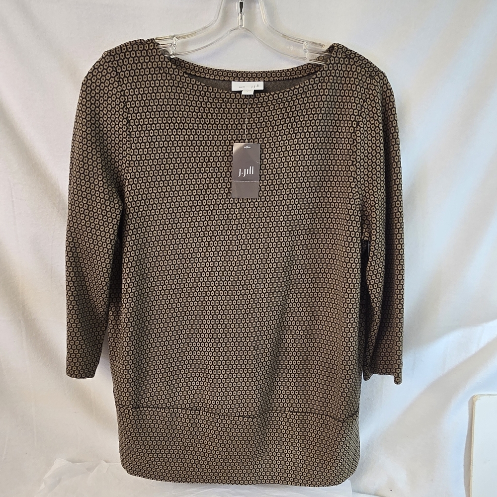 J. JILL Sz Small Ponte 3/4 Sleeve Geometric Print Top Brown Tan Black Pockets - Picture 2 of 13
